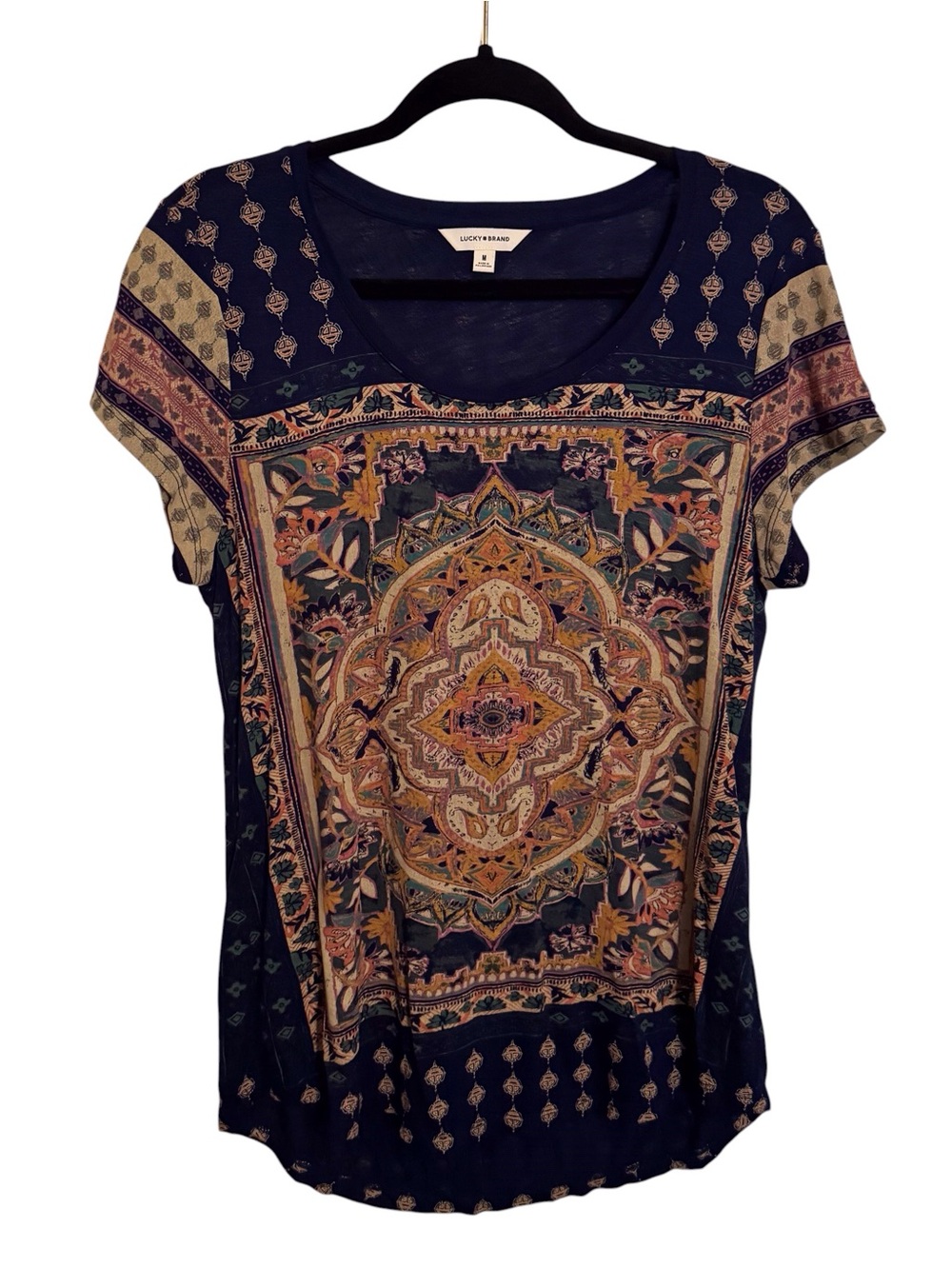 Lucky Brand Size Medium Medallion Floral Top Boho Western Short Sleeve Stretch